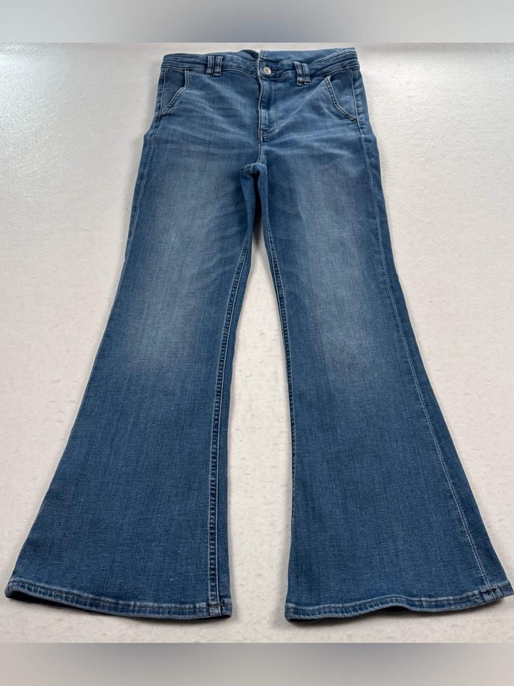 American Eagle Flare Overalls Jean Denim Women’s 10 Short Front Zip Stretch Adj - Picture 4 of 12